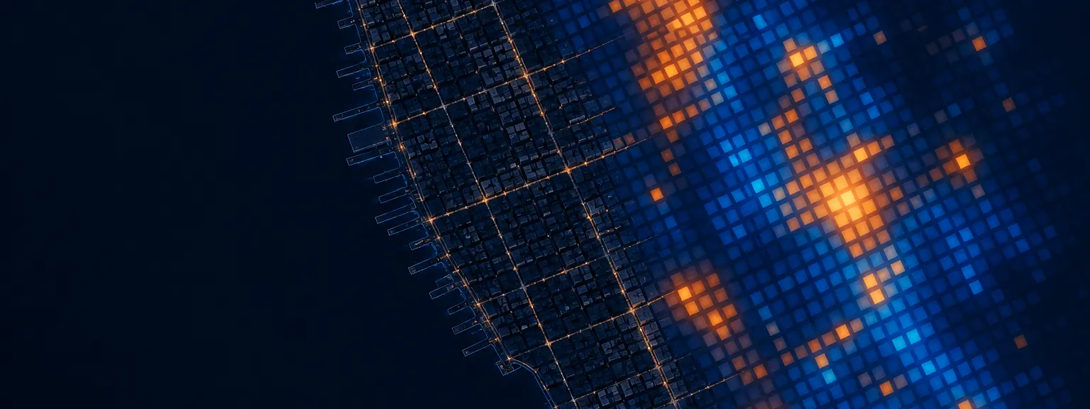Illustration: Manhattan's west side and street grid at night, the blocks turning into glowing blue and orange squares to the east, like a demand heatmap with a few hot zones.